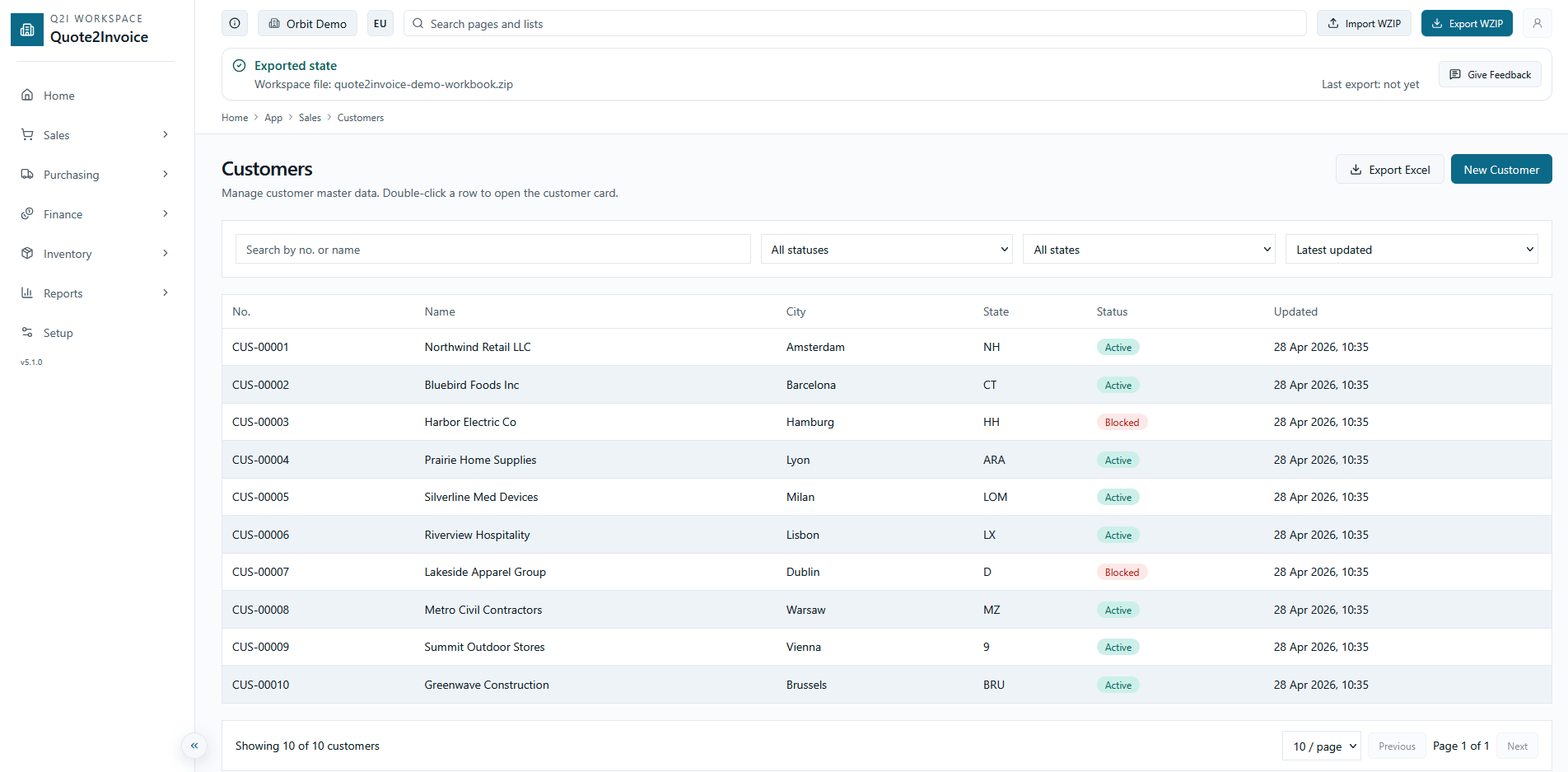 Sales quotes list in Quote2Invoice with statuses, customer names, and quick actions.
