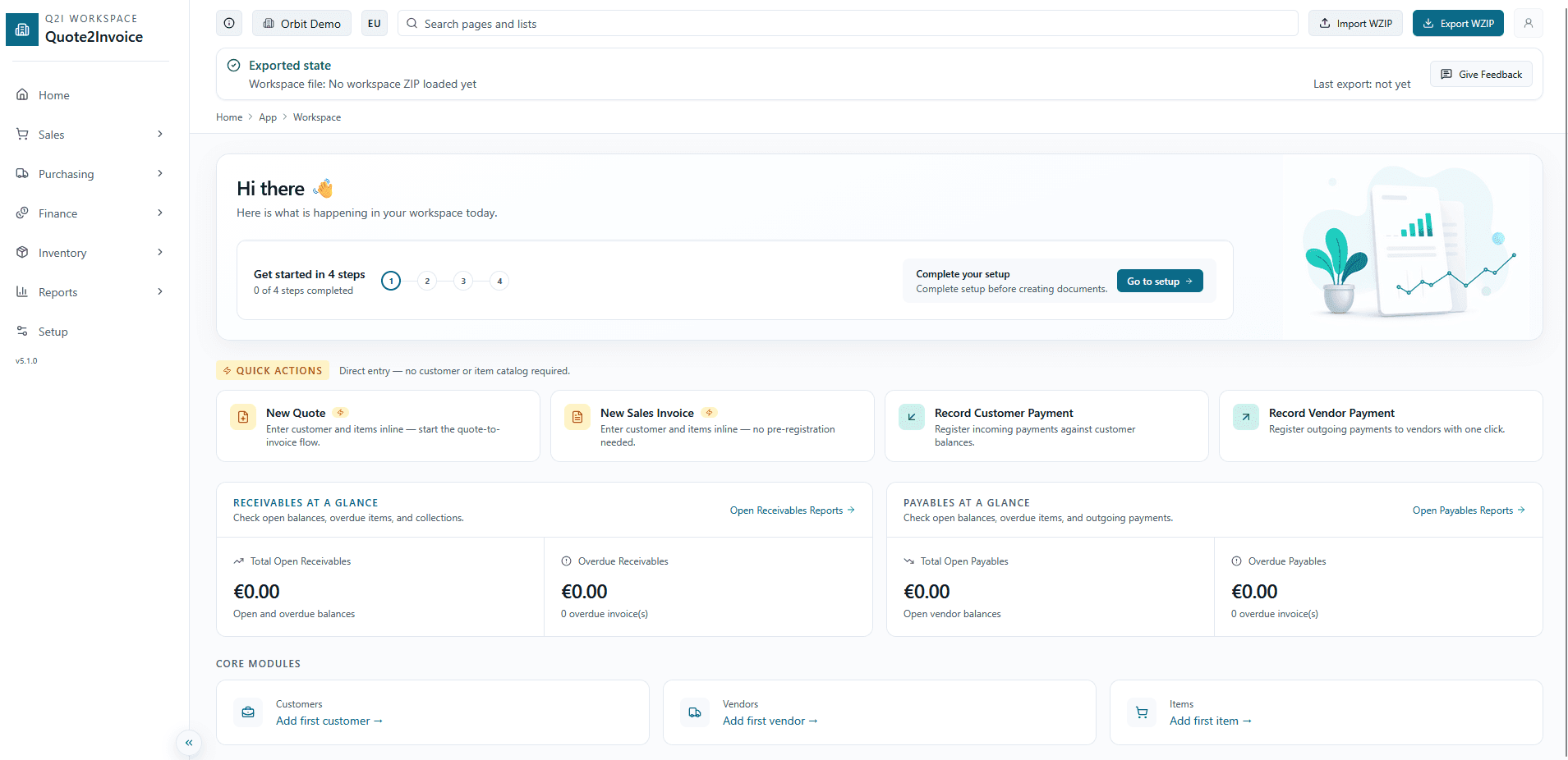 Quote2Invoice workspace overview with module cards and receivables summary widgets.