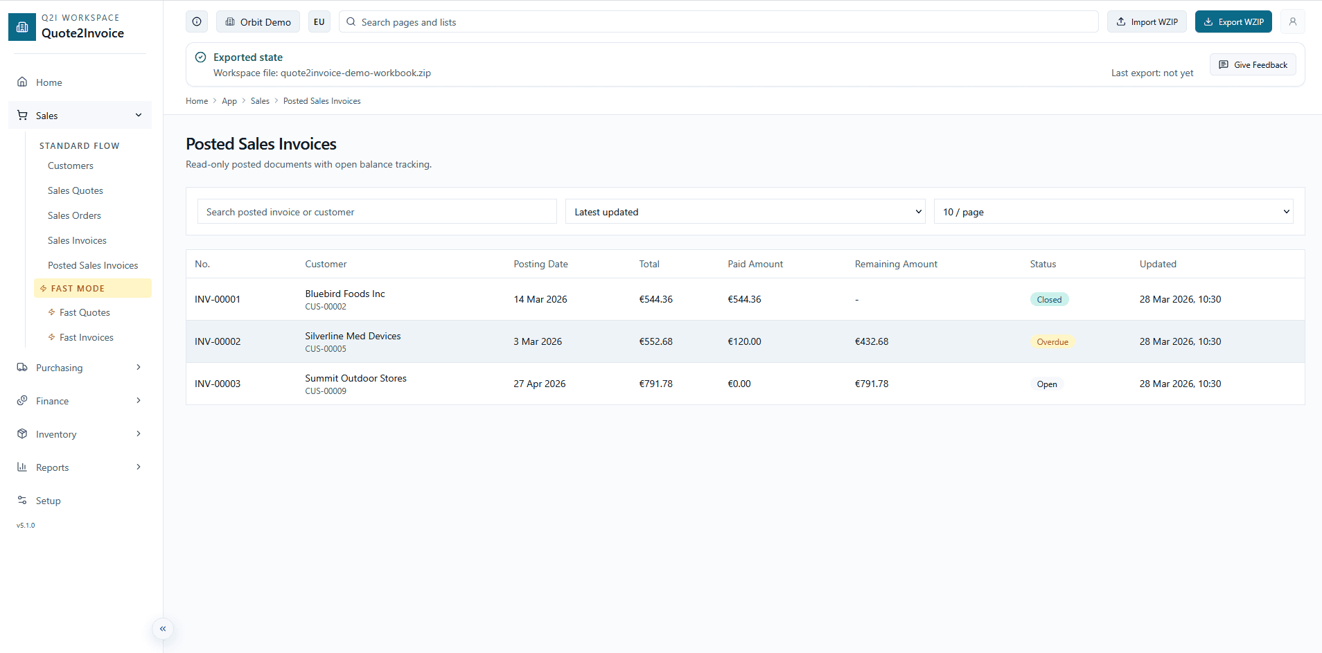 Posted sales invoices screen with totals, paid amount, remaining balance, and status tags.